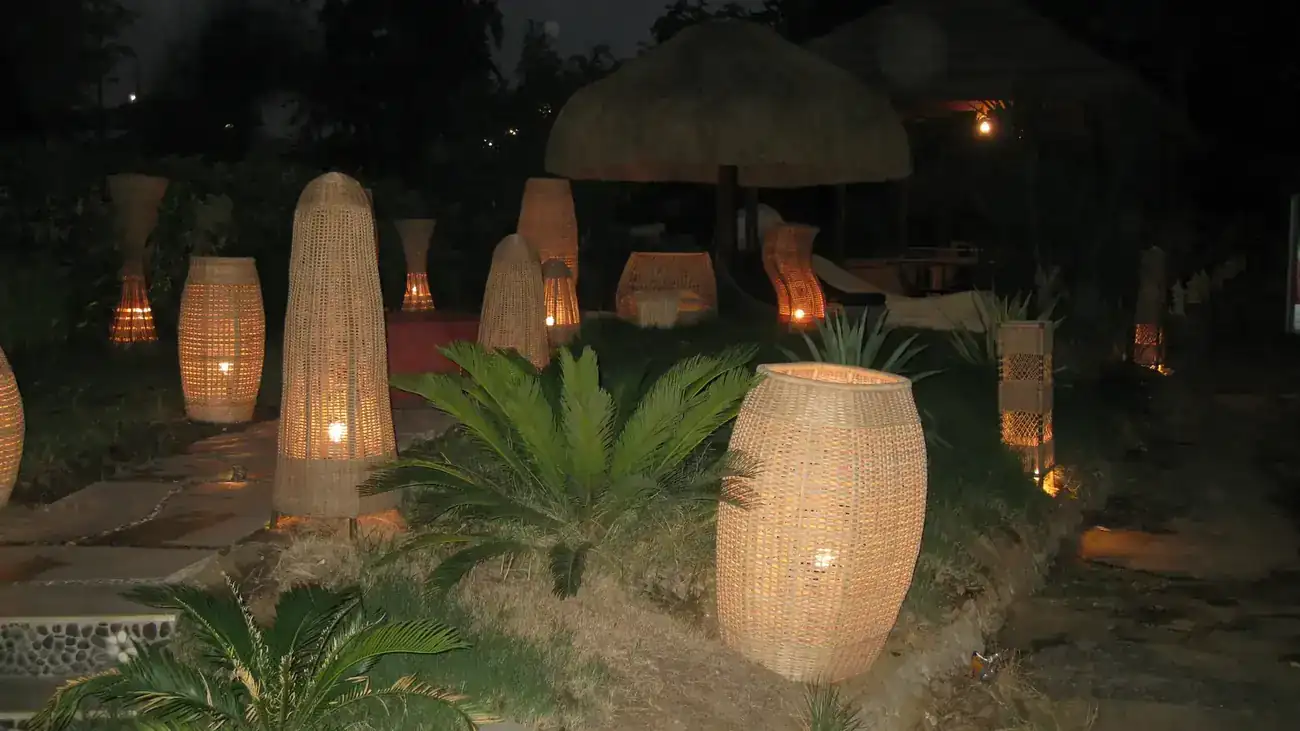 Bamboo lamps lighting a garden at night